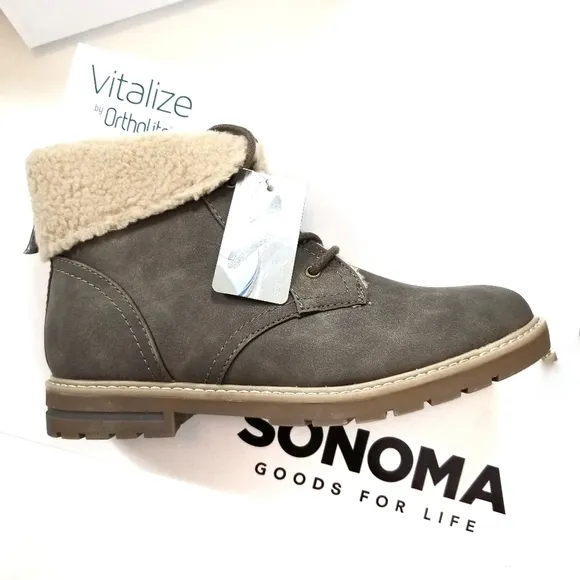 1-DAY SALE NEW Faux Suede Sherling Booties Neutral Lace up Low