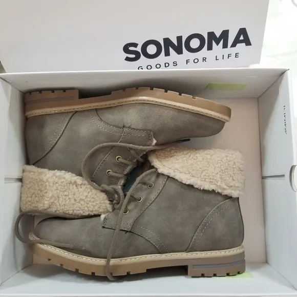 1-DAY SALE NEW Faux Suede Sherling Booties Neutral Lace up Low