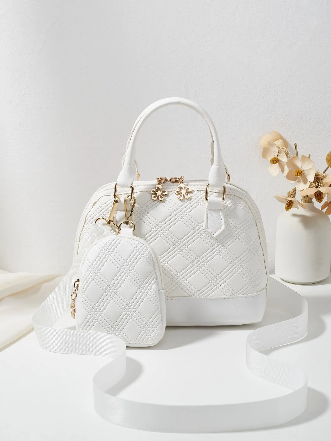 1pc Embossed Clutch Wallet & Double Zipper Bag - White