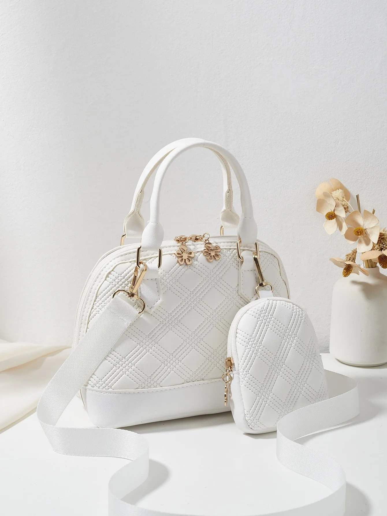 1pc Embossed Clutch Wallet & Double Zipper Bag - White