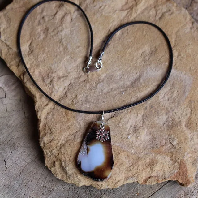Agate slab stone pendant necklace with snowflake charm