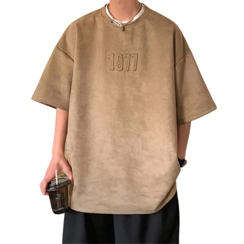 American Letter Embroidery Suede T-Shirt