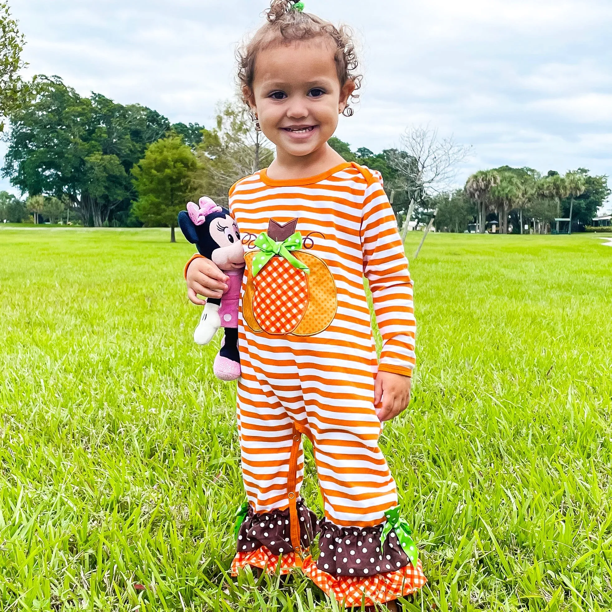 Baby Girls Autumn Holiday Orange Striped Pumpkin Romper