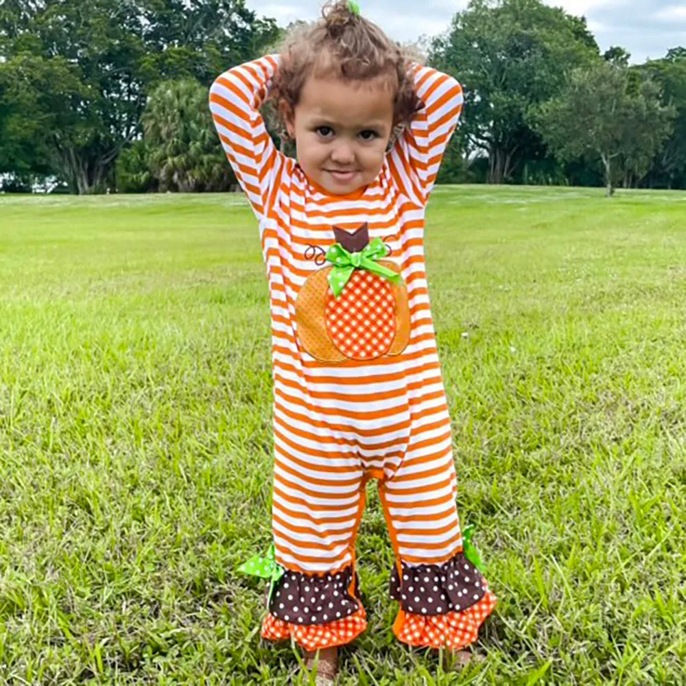Baby Girls Autumn Holiday Orange Striped Pumpkin Romper