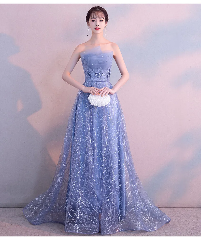 Beautiful Blue-Grey Tulle A-line Long Evening Dress with Beadings, Long Party Dress