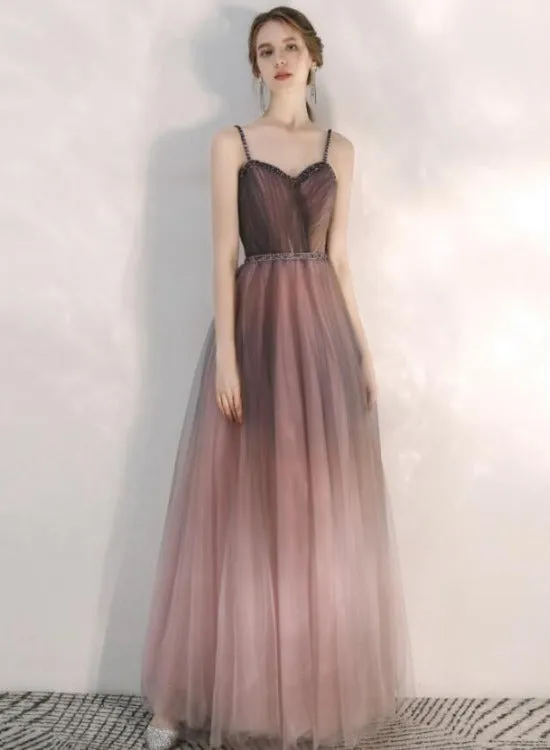 Beautiful Gradient Tulle Straps Sweetheart Long Party Dress, Long Junior Prom Dresses