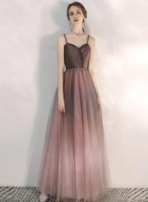 Beautiful Gradient Tulle Straps Sweetheart Long Party Dress, Long Junior Prom Dresses
