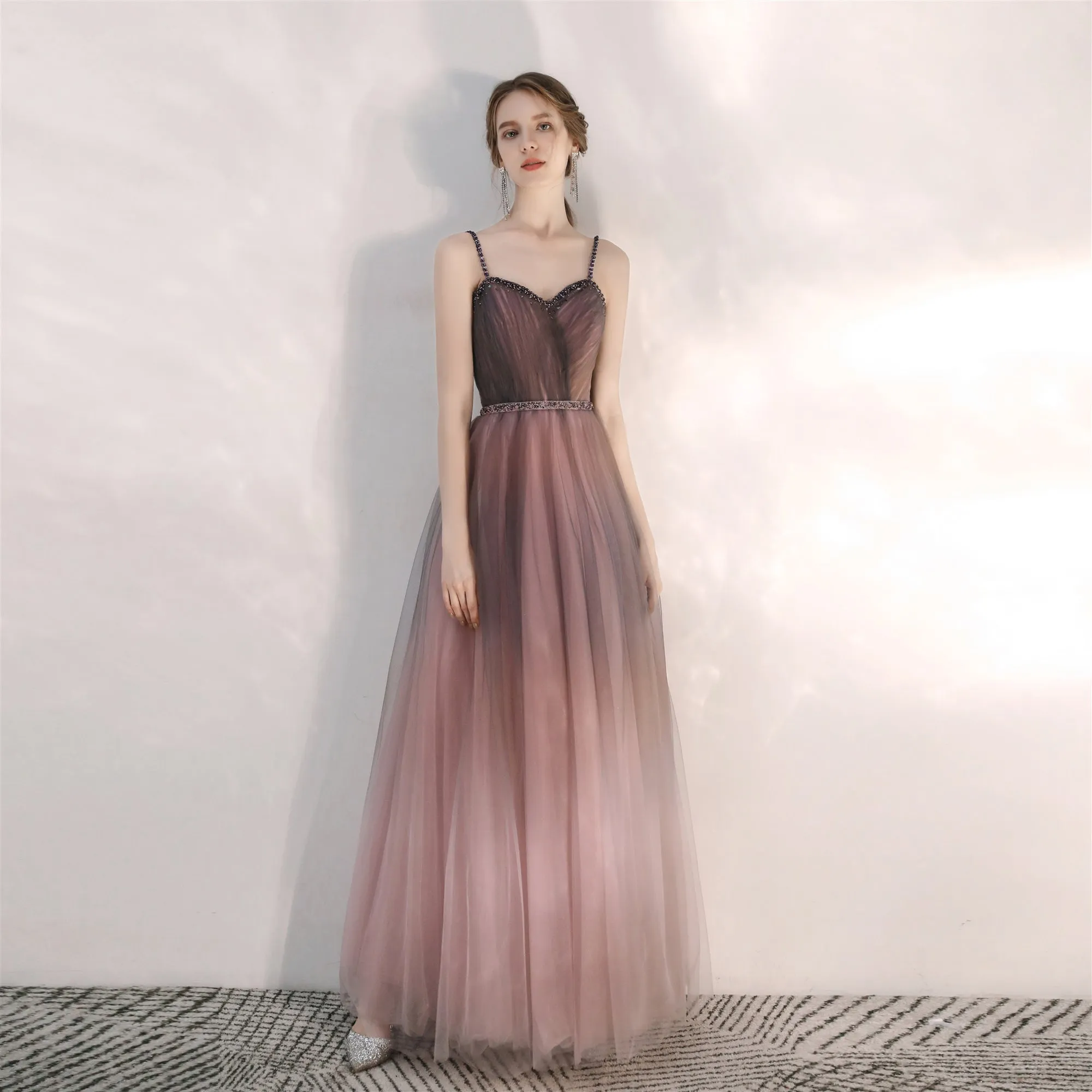 Beautiful Gradient Tulle Straps Sweetheart Long Party Dress, Long Junior Prom Dresses