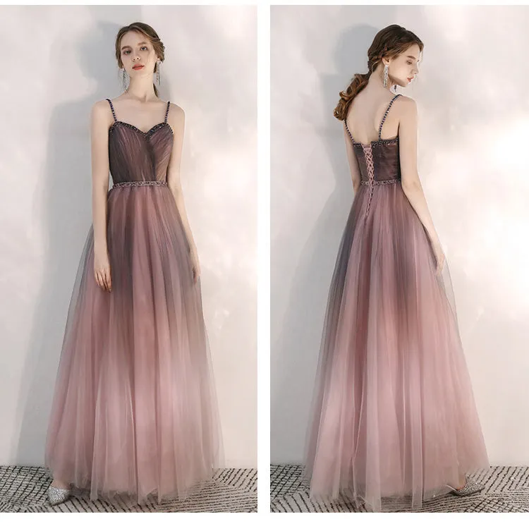 Beautiful Gradient Tulle Straps Sweetheart Long Party Dress, Long Junior Prom Dresses