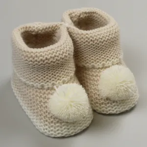 Beige Unisex Baby Booties with pom poms Newborn to 6 months