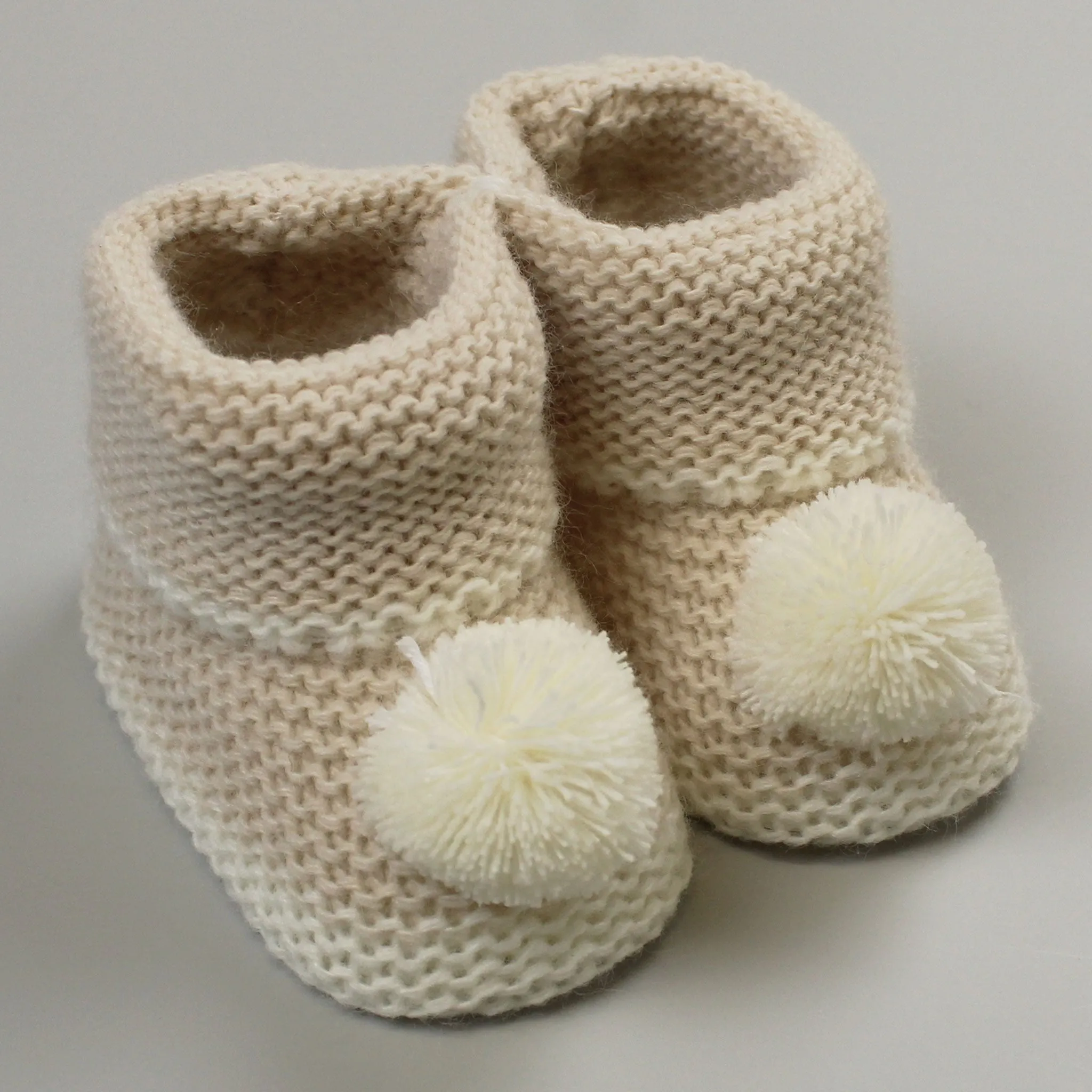 Beige Unisex Baby Booties with pom poms Newborn to 6 months