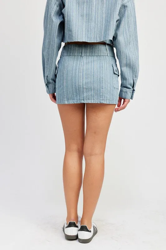 Belted Blue Denim Mini Skirt with Pocket Details