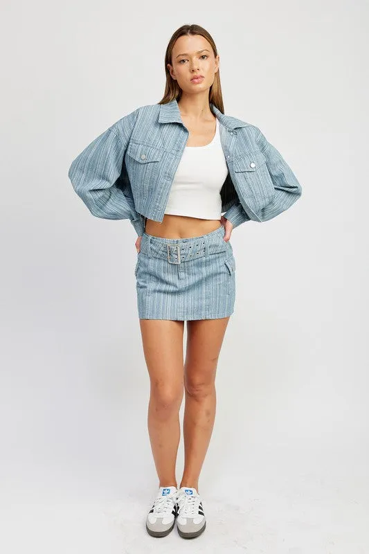 Belted Blue Denim Mini Skirt with Pocket Details
