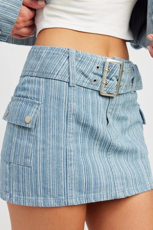 Belted Blue Denim Mini Skirt with Pocket Details