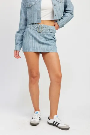 Belted Blue Denim Mini Skirt with Pocket Details