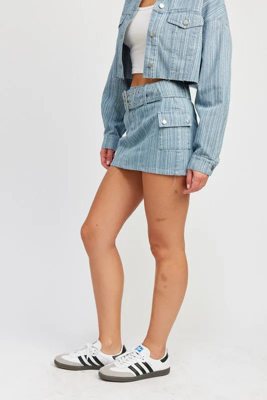 Belted Blue Denim Mini Skirt with Pocket Details