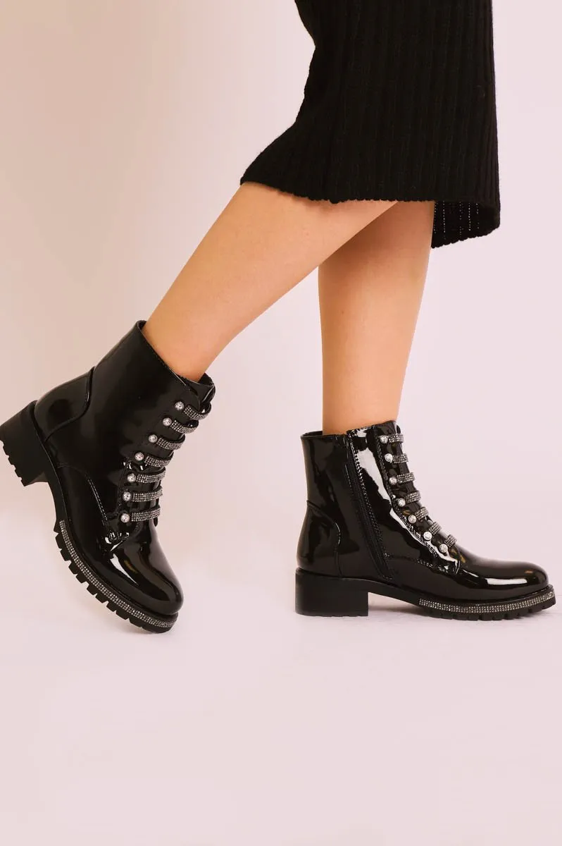 Black Patent Rhinestone Ankle Boot - Bailea