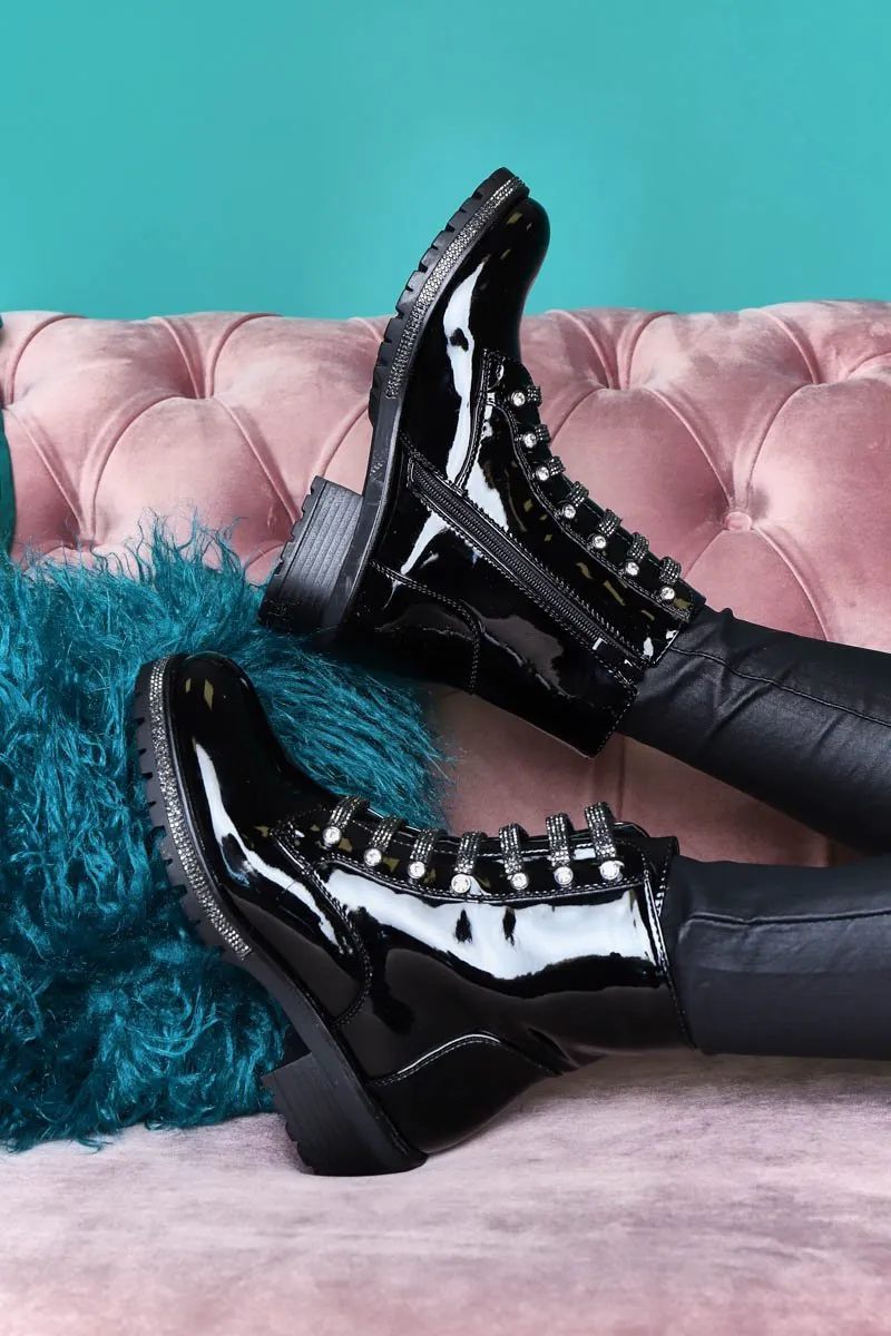 Black Patent Rhinestone Ankle Boot - Bailea