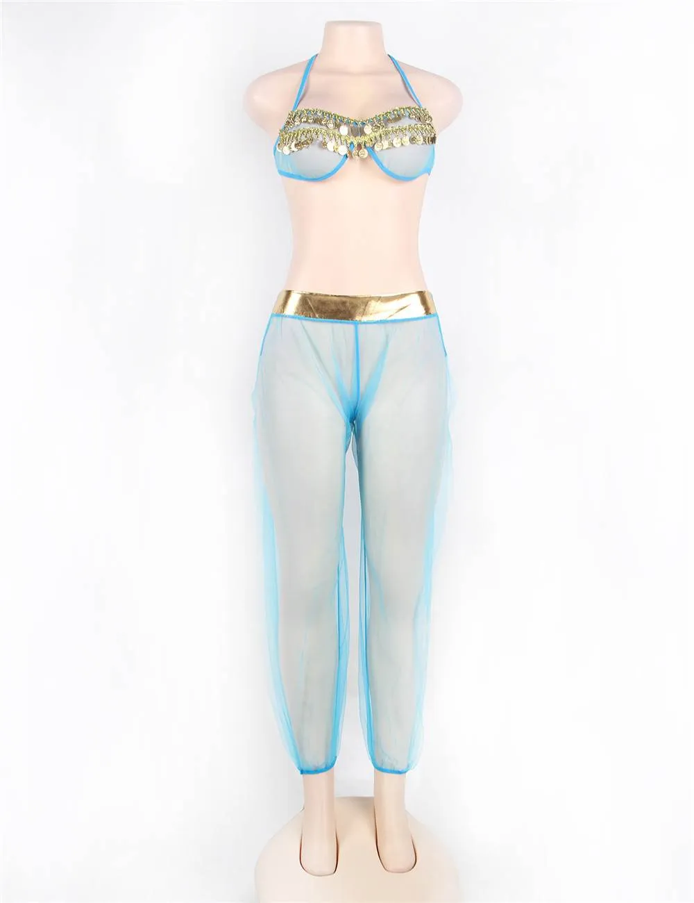 Blue India Style Sexy Bralette Lingerie Set With Golden Paillette