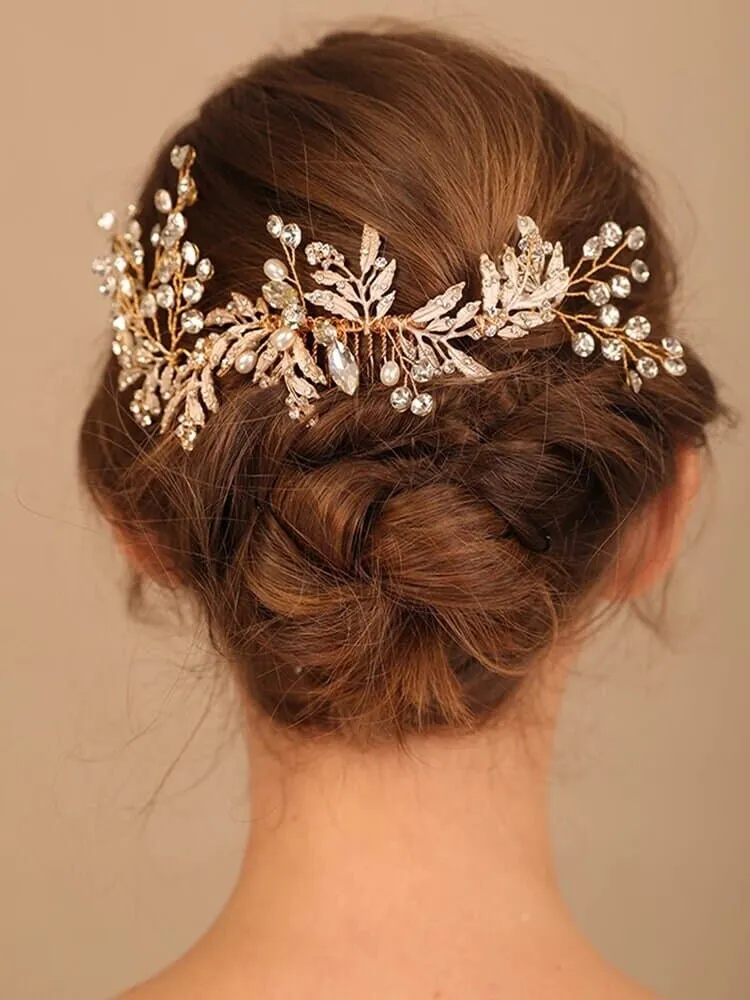 Bridal Floral Hair Comb and Hairpins 4 PC Set, Gem Hair Comb and 3 Hair Pins for Bridesmaids