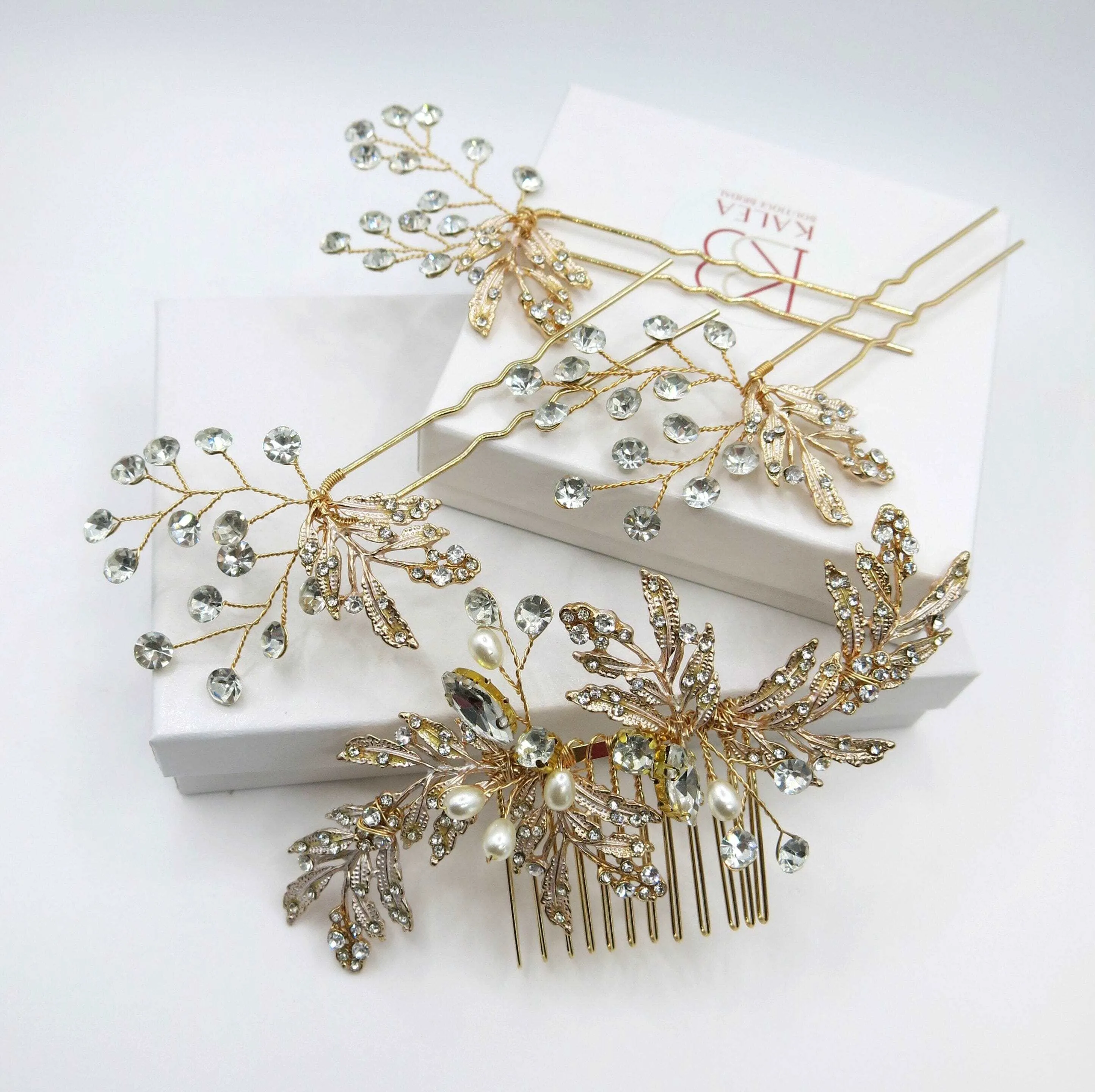 Bridal Floral Hair Comb and Hairpins 4 PC Set, Gem Hair Comb and 3 Hair Pins for Bridesmaids