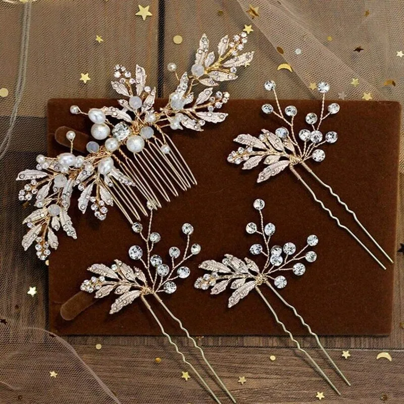 Bridal Floral Hair Comb and Hairpins 4 PC Set, Gem Hair Comb and 3 Hair Pins for Bridesmaids