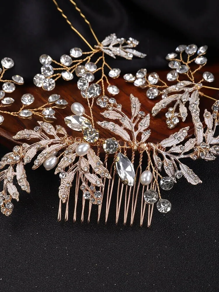Bridal Floral Hair Comb and Hairpins 4 PC Set, Gem Hair Comb and 3 Hair Pins for Bridesmaids