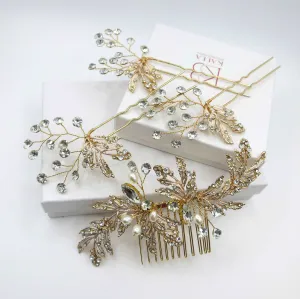 Bridal Floral Hair Comb and Hairpins 4 PC Set, Gem Hair Comb and 3 Hair Pins for Bridesmaids