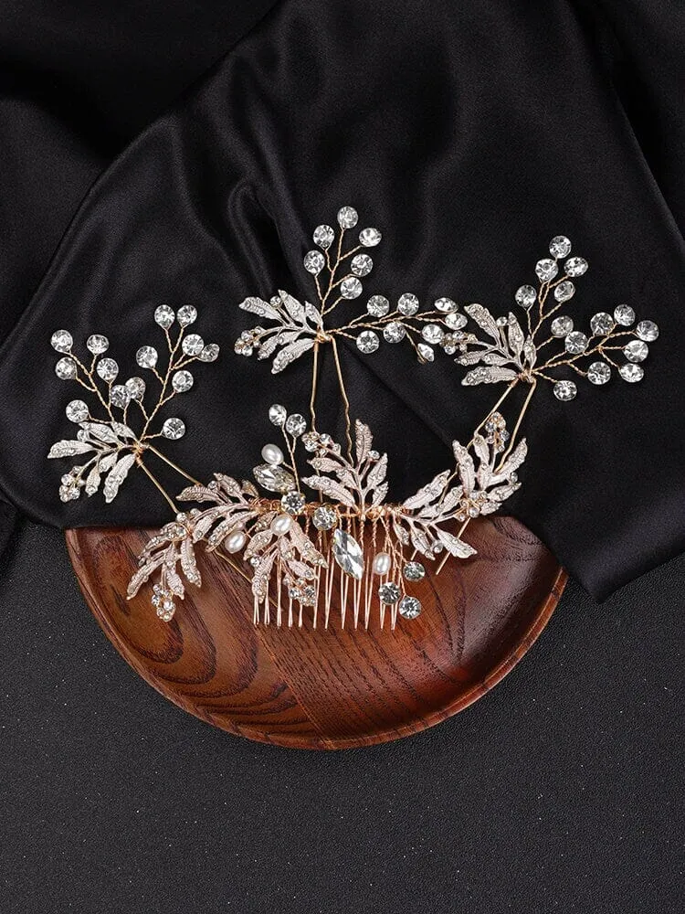 Bridal Floral Hair Comb and Hairpins 4 PC Set, Gem Hair Comb and 3 Hair Pins for Bridesmaids