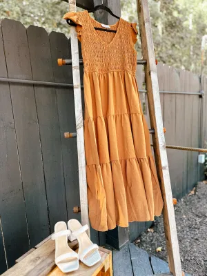Brown Smock V Neck Flutter Maxi Dress