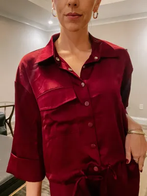 Burgundy Collared Cinch Waist Satin Shirt