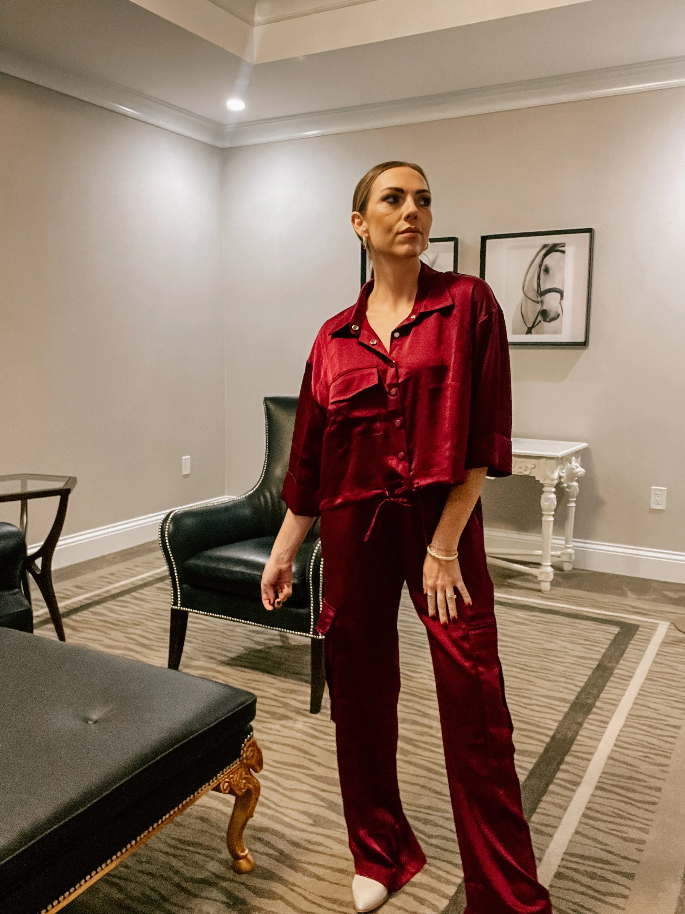 Burgundy Collared Cinch Waist Satin Shirt