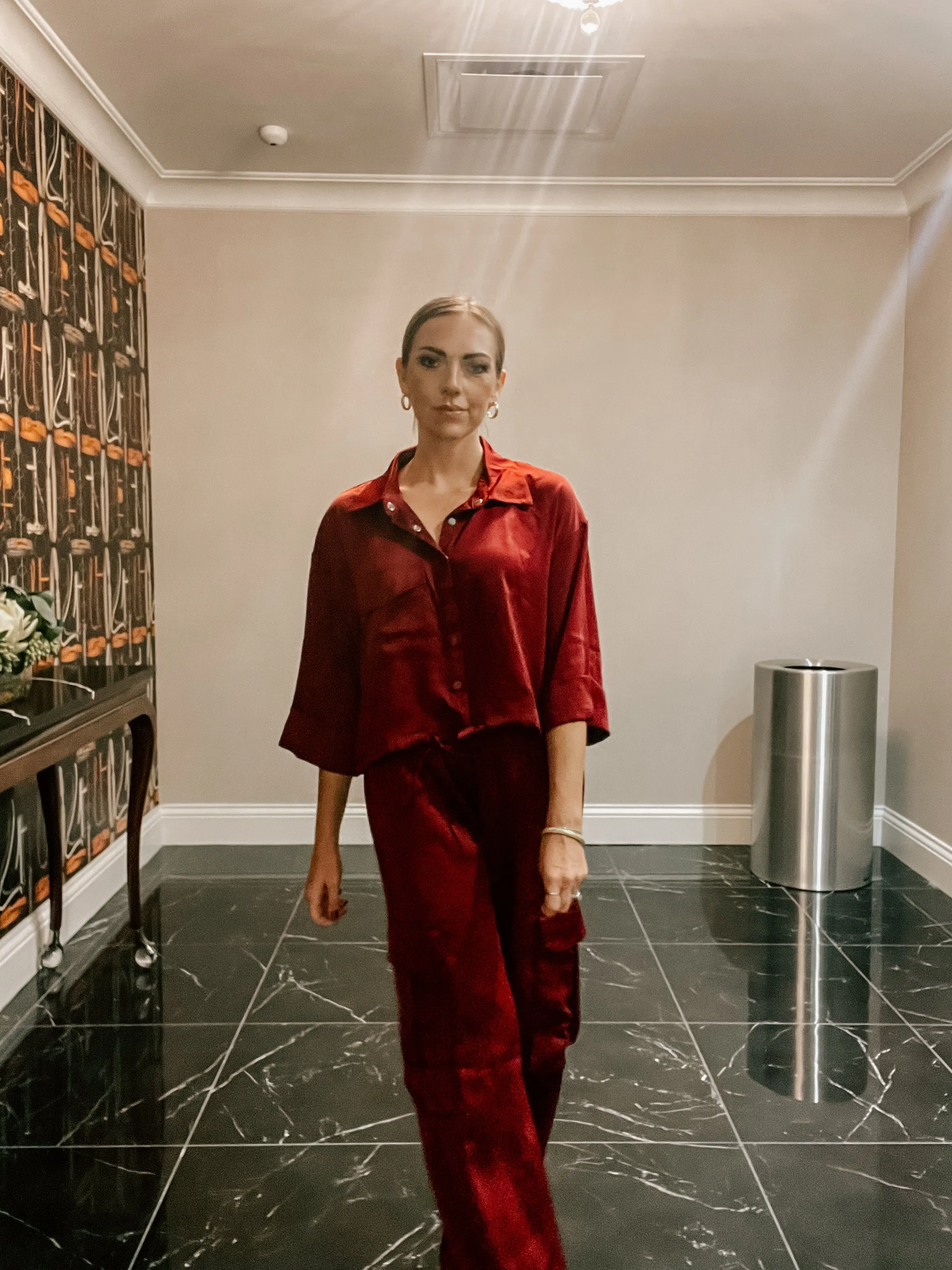 Burgundy Collared Cinch Waist Satin Shirt