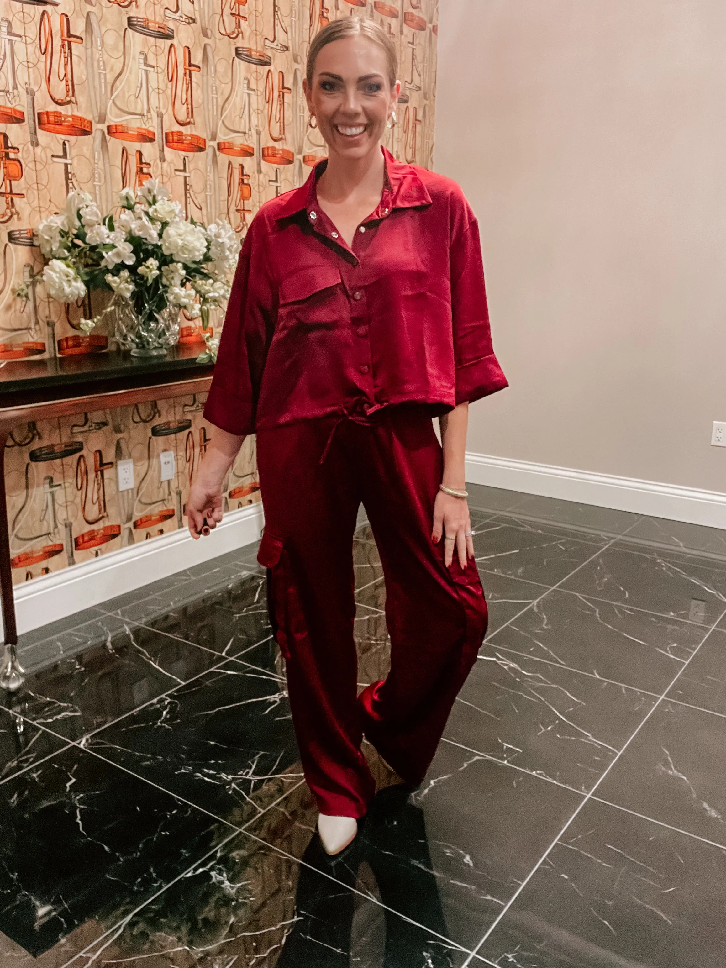 Burgundy Collared Cinch Waist Satin Shirt
