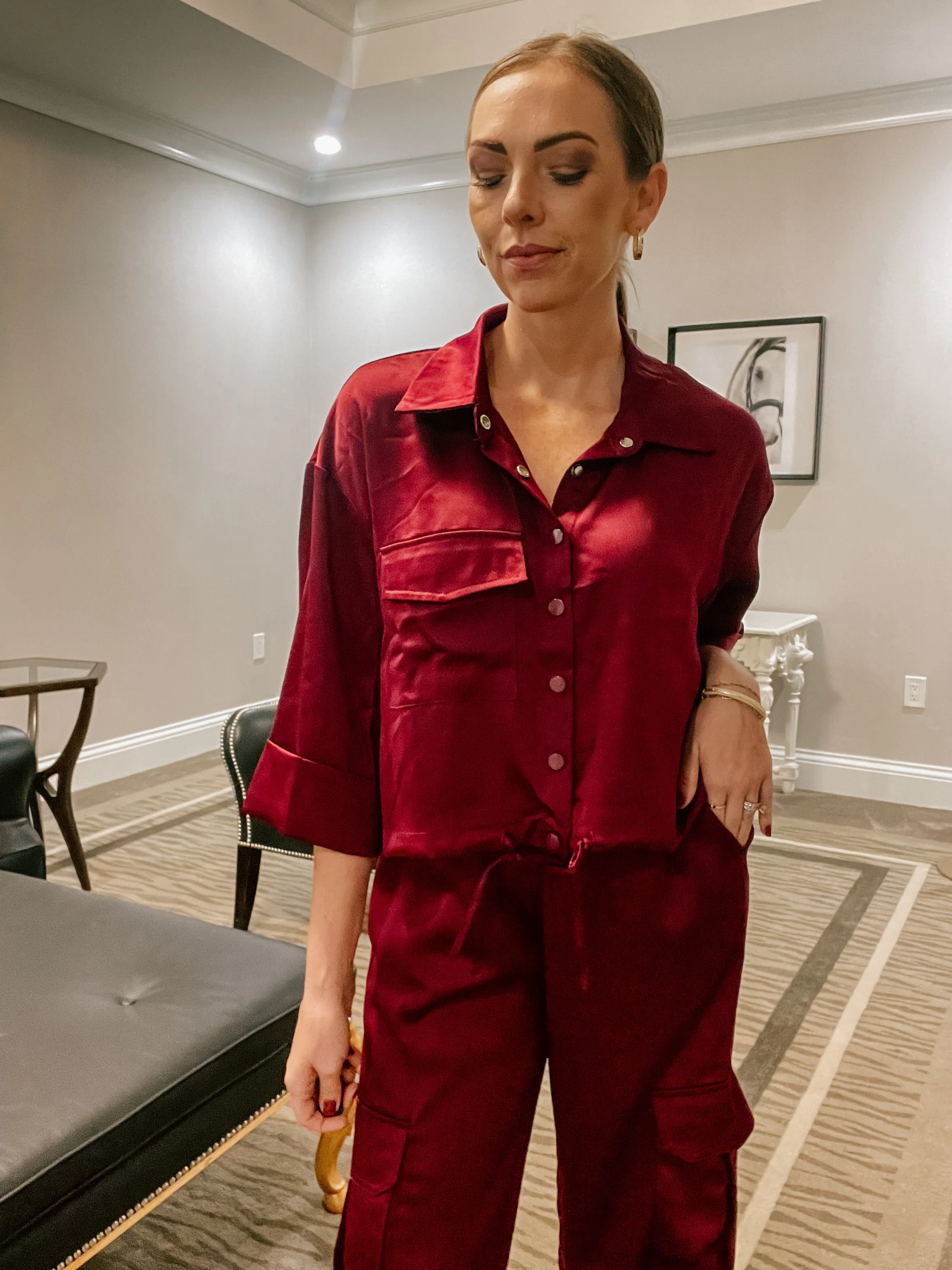 Burgundy Collared Cinch Waist Satin Shirt