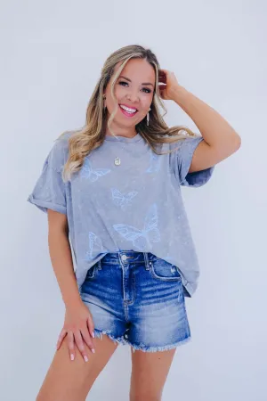 Butterfly Acid Washed Graphic Tee - Grey