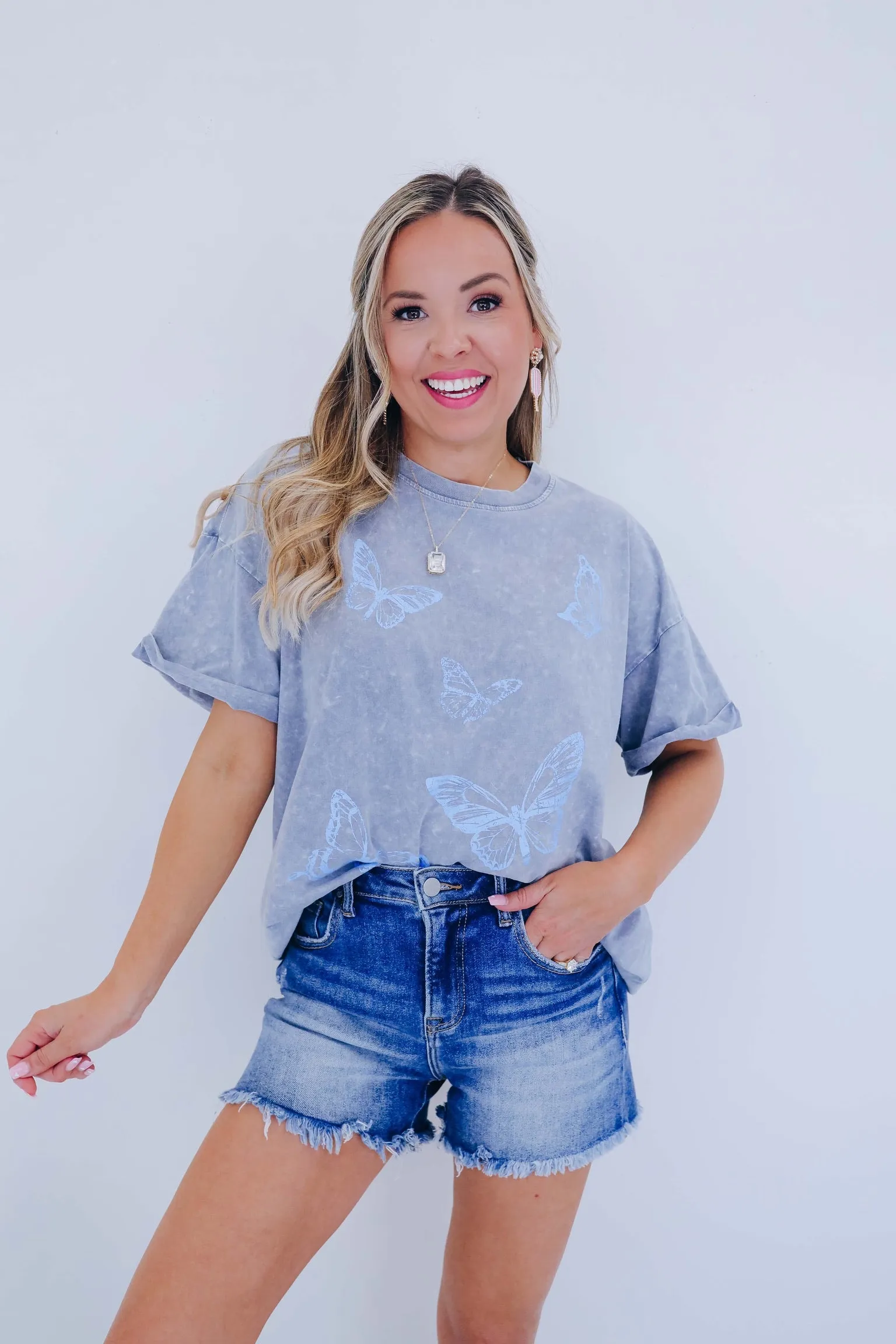 Butterfly Acid Washed Graphic Tee - Grey