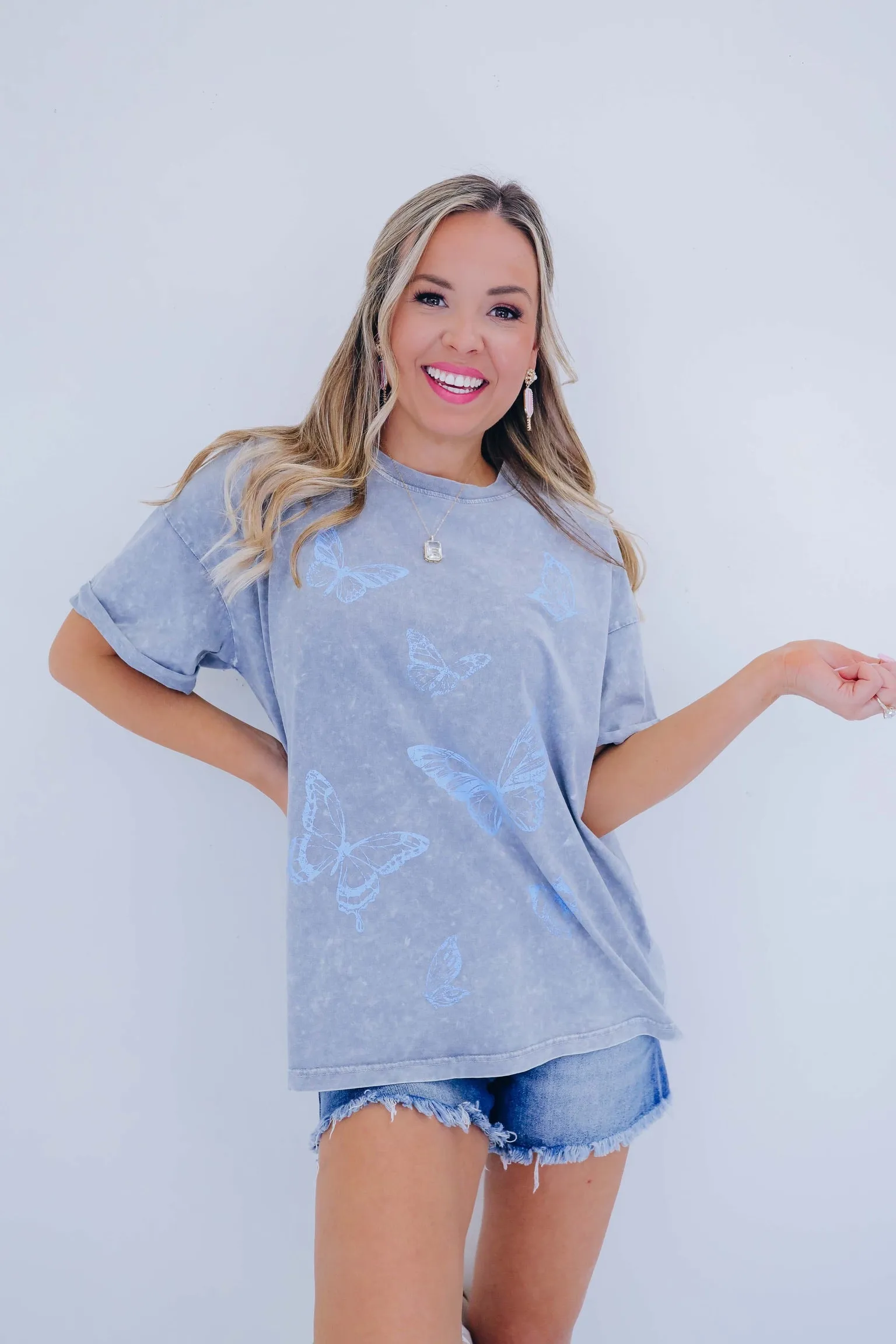 Butterfly Acid Washed Graphic Tee - Grey