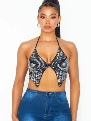 Butterfly Rhinestone Halter Crop Top - Black -
