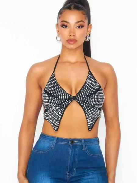 Butterfly Rhinestone Halter Crop Top - Black -
