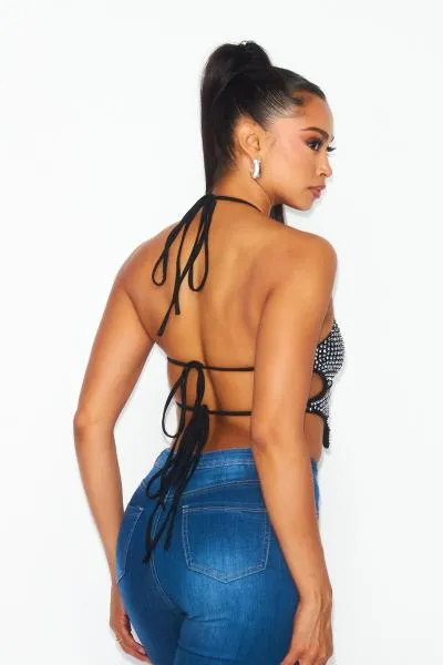 Butterfly Rhinestone Halter Crop Top - Black -