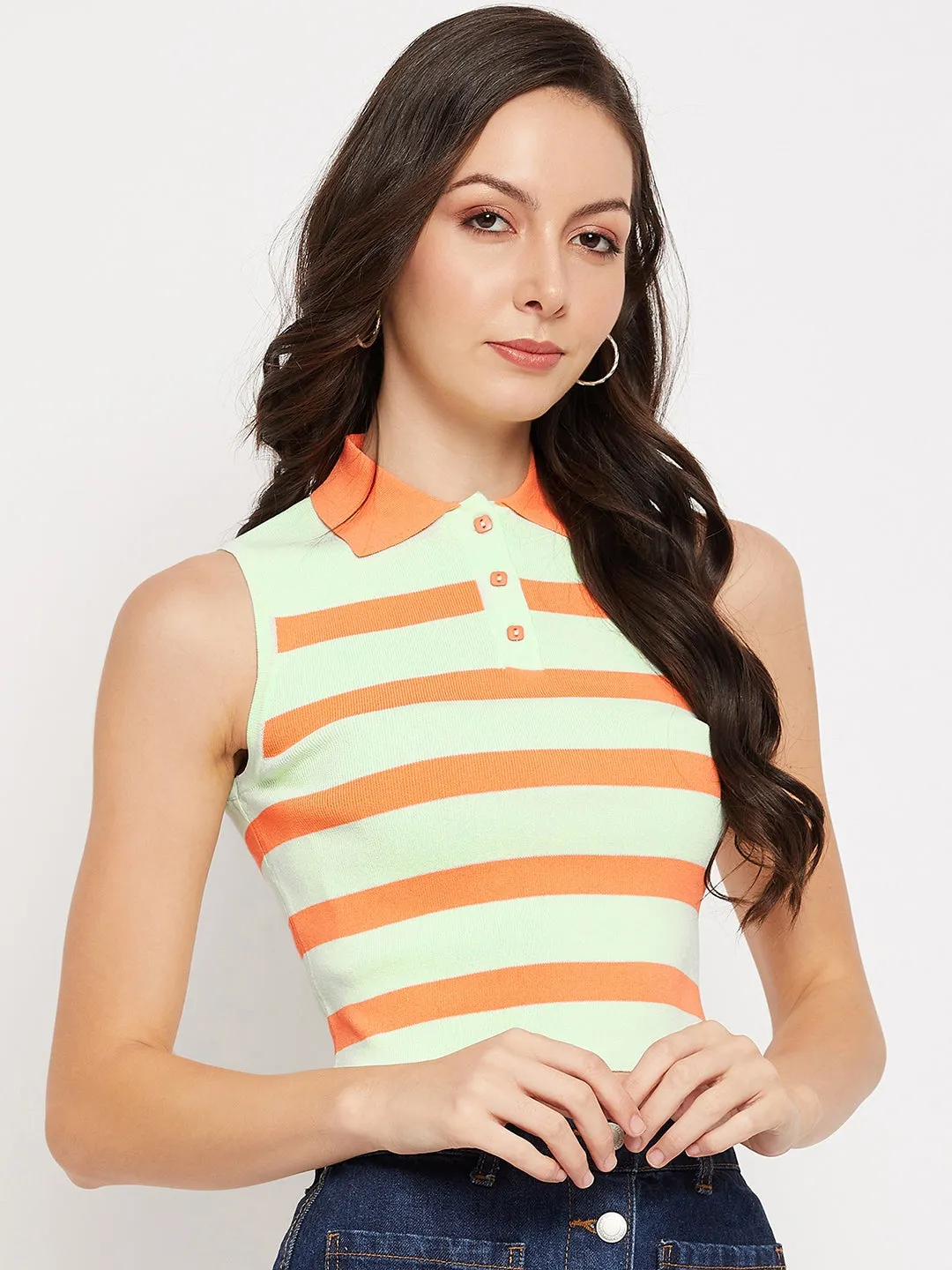 Camla Barcelona Peach Striped  Collared Crop Tshirt