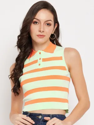 Camla Barcelona Peach Striped  Collared Crop Tshirt