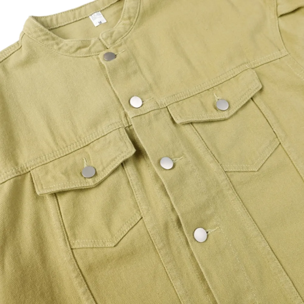 Casual Collarless Work Denim Jacket