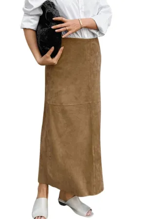 Chouyatou Women Fall Winter Elegant Faux Suede Leather Regular Fit Pencil Maxi Long Skirt