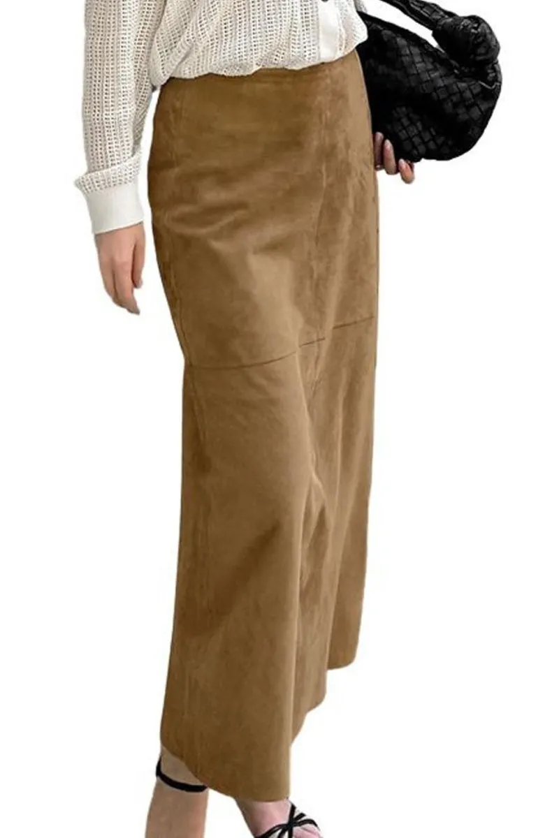 Chouyatou Women Fall Winter Elegant Faux Suede Leather Regular Fit Pencil Maxi Long Skirt