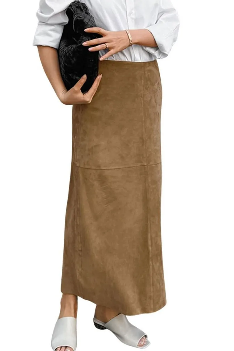 Chouyatou Women Fall Winter Elegant Faux Suede Leather Regular Fit Pencil Maxi Long Skirt