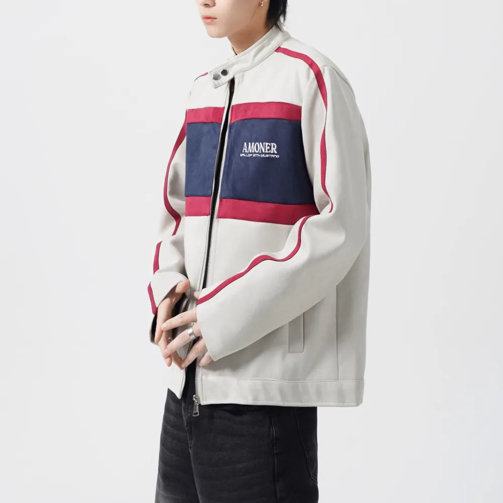 Contrast Stripe Suede Motorcycle Jacket