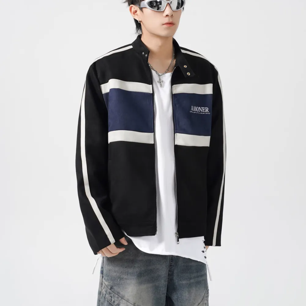 Contrast Stripe Suede Motorcycle Jacket