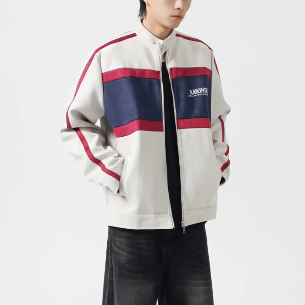 Contrast Stripe Suede Motorcycle Jacket